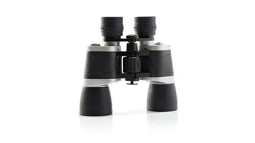 Black and silver binoculars on white background