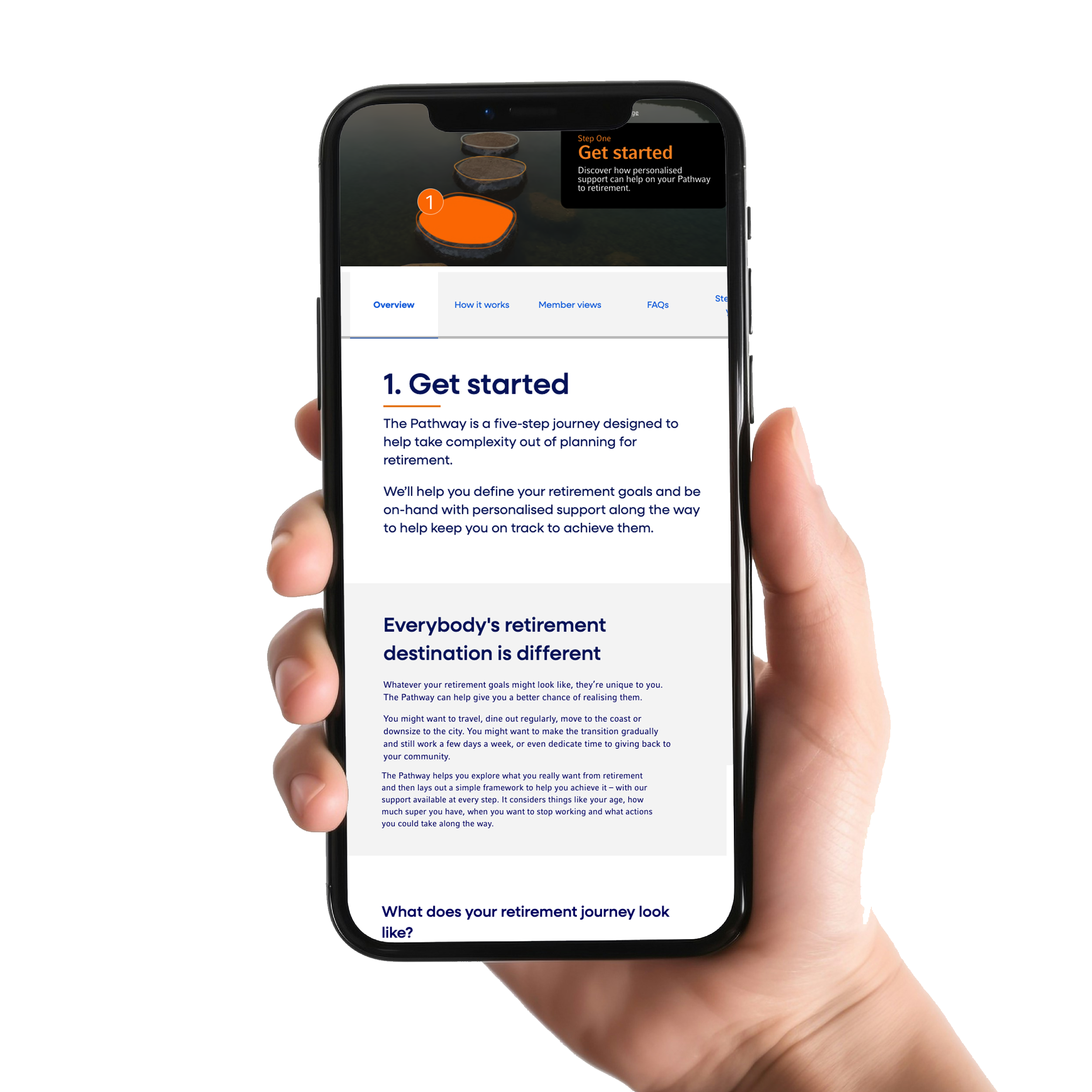 Hand holding smartphone with retirement app