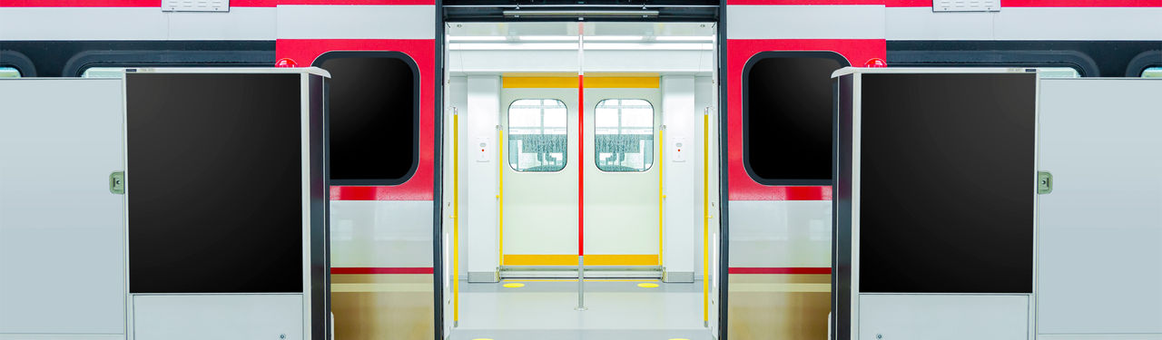 Modern subway train with open doors