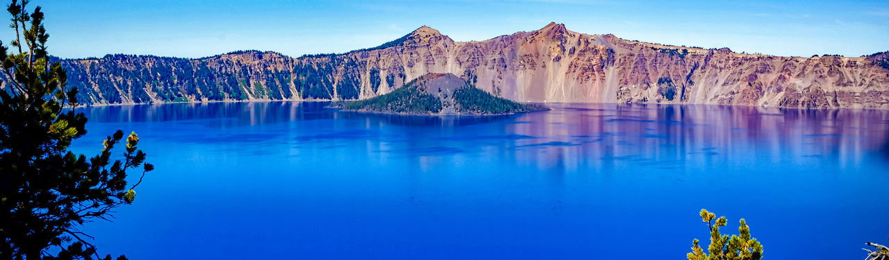 Scenic view of Crater Lake and island